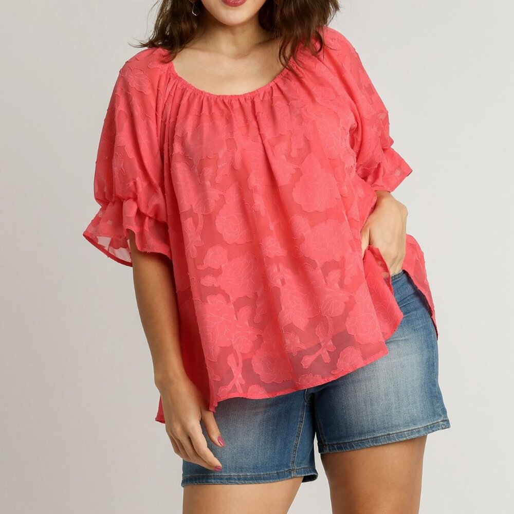 UMGEE Jacquard Lace Round Neck Pleated Detail Bubble Sleeve Top (New)